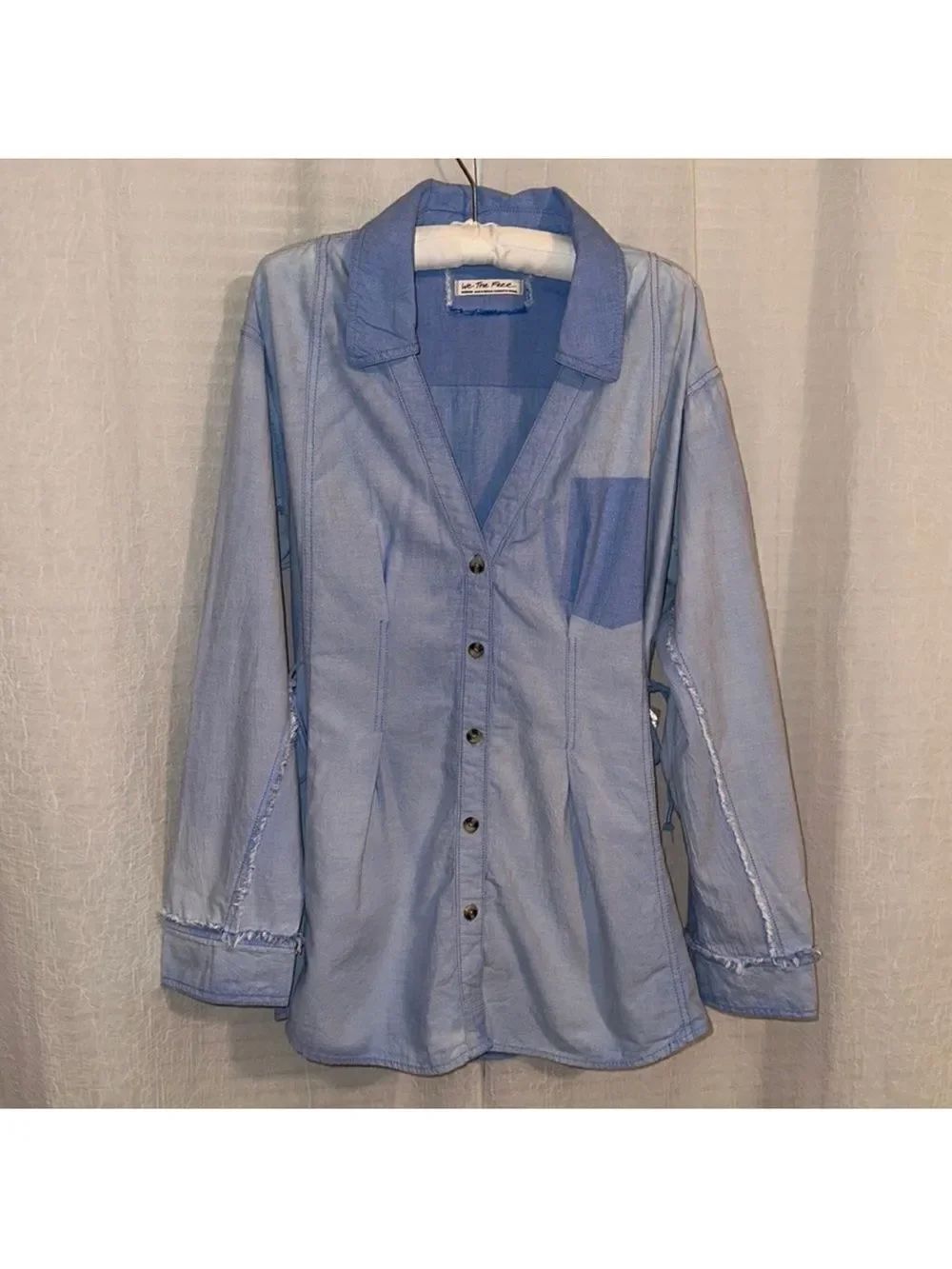 free people M-L Blue Chambray Denim Vintage Wash Distressed Shirt Tunic